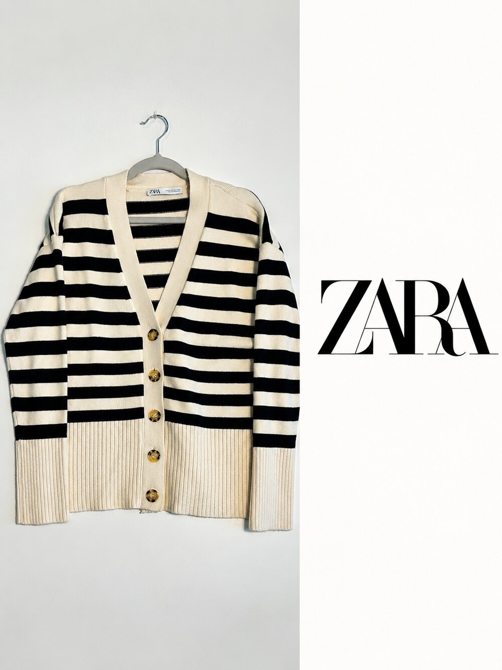 Zara Black & Cream Striped Oversized Cardigan Sweater XS Button Front